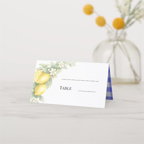 Lemons citrus blue gingham garden party place card