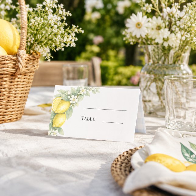 Lemons citrus blue gingham garden party place card (Creator Uploaded)