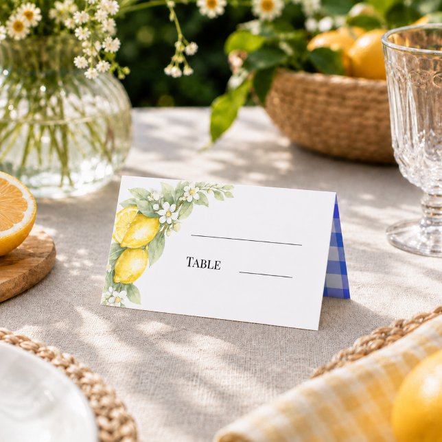 Lemons citrus blue gingham garden party place card (Creator Uploaded)