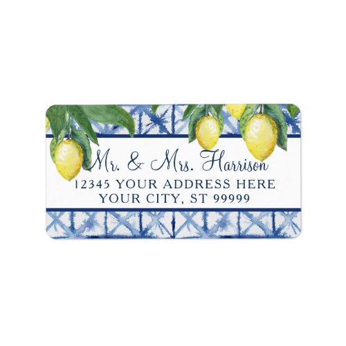 Lemons Citrus Foliage Blue White Yellow Wedding Label
