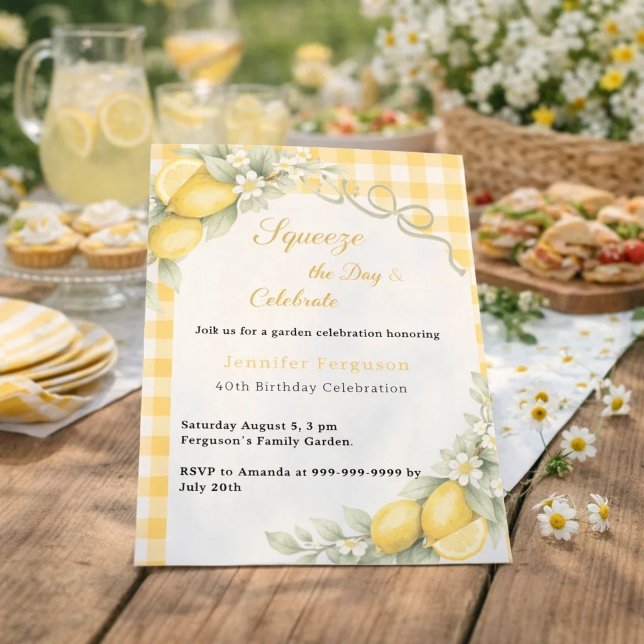 Lemons citrus gingham summer garden birthday invitation (Creator Uploaded)