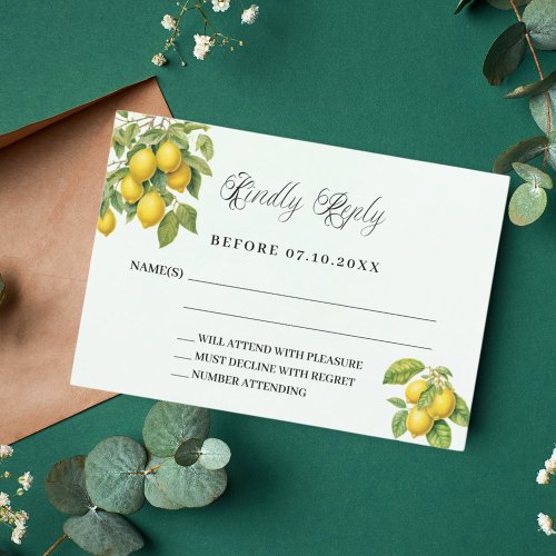 Lemons citrus greenery wedding response RSVP card