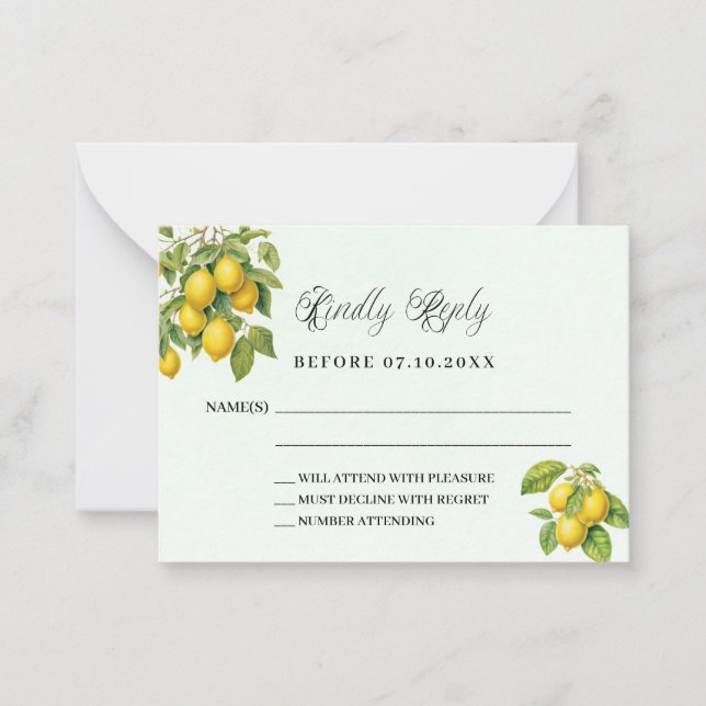 Lemons citrus greenery wedding response RSVP Note Card (Front)