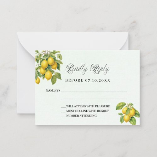 Lemons citrus greenery wedding response RSVP Note Card