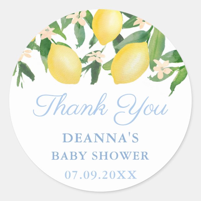 Lemons Citrus Pale Blue Boy Baby Shower Thank You Classic Round Sticker (Front)