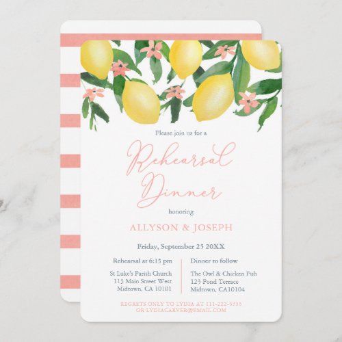 Lemons Citrus Pink Wedding Rehearsal and Dinner Invitation