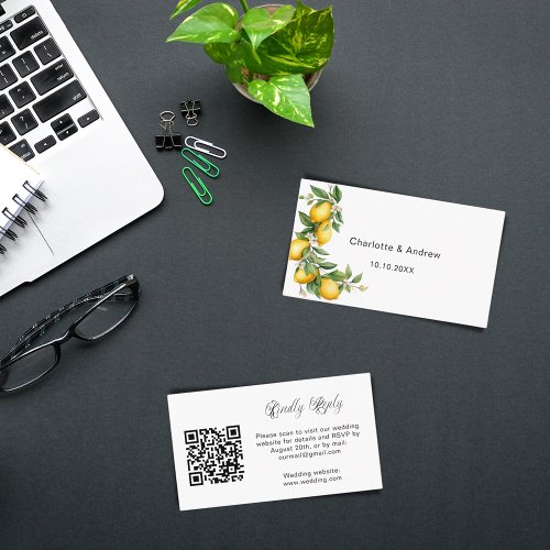 Lemons citrus wedding response website QR RSVP Enclosure Card