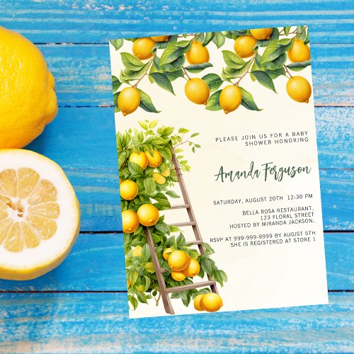Lemons citrus yellow watercolored baby shower invitation