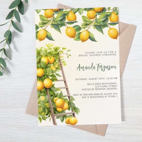 Lemons citrus yellow watercolored bridal shower invitation