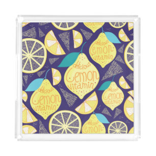 Lemons Cloves: Dark Blue Bright Pattern Acrylic Tray