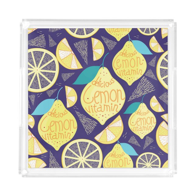 Lemons Cloves: Dark Blue Bright Pattern Acrylic Tray (Front)