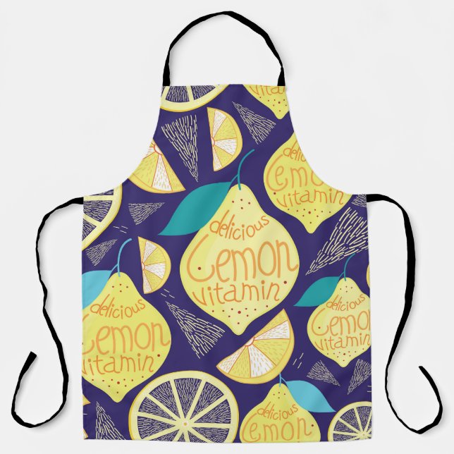 Lemons Cloves: Dark Blue Bright Pattern Apron (Front)