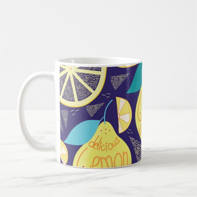 Lemons Cloves: Dark Blue Bright Pattern Coffee Mug (Left)