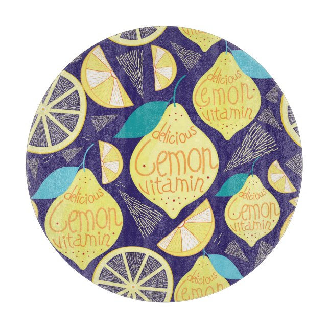 Lemons Cloves: Dark Blue Bright Pattern Cutting Board (Front)