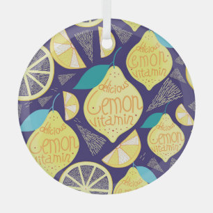 Lemons Cloves: Dark Blue Bright Pattern Glass Ornament