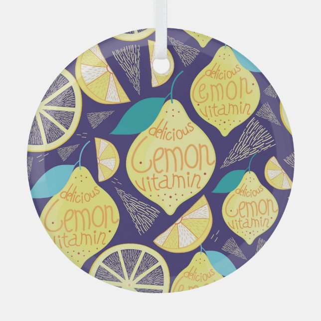 Lemons Cloves: Dark Blue Bright Pattern Glass Ornament (Front)