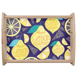 Lemons Cloves: Dark Blue Bright Pattern Serving Tray