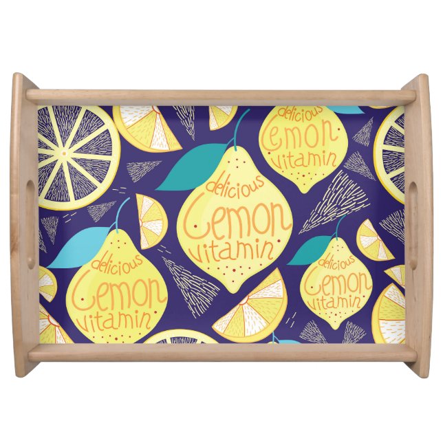 Lemons Cloves: Dark Blue Bright Pattern Serving Tray (Front)