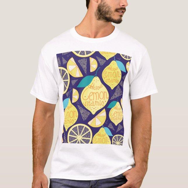 Lemons Cloves: Dark Blue Bright Pattern T-Shirt (Front)