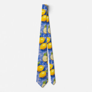 Lemons Dancing on Blue Antique Tiles Neck Tie