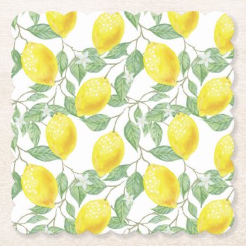 Lemons Design Scalloped Paper Coasters by roughcollie at Zazzle