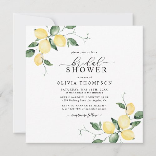 Lemons Elegant Watercolor Bridal Shower Invitation