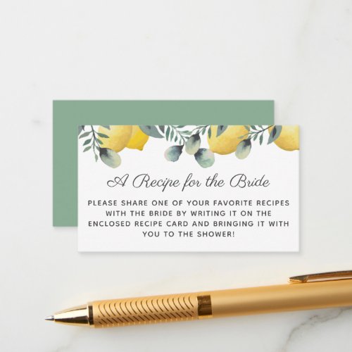 Lemons  Eucalyptus Bridal Shower Recipe Request Enclosure Card