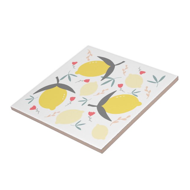 Lemons Floral Botanical Red Flowers Leaves Pattern Ceramic Tile (Side)
