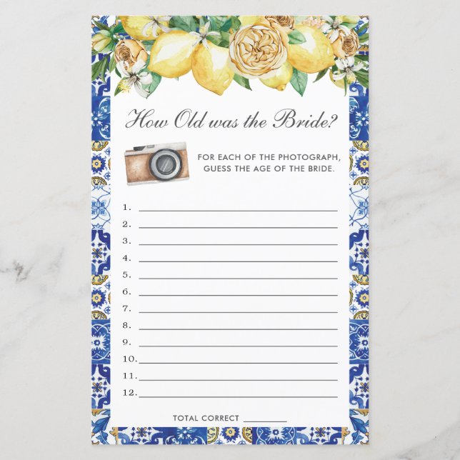 Lemons Floral Bridal How Old Was the Bride Game  (Front)