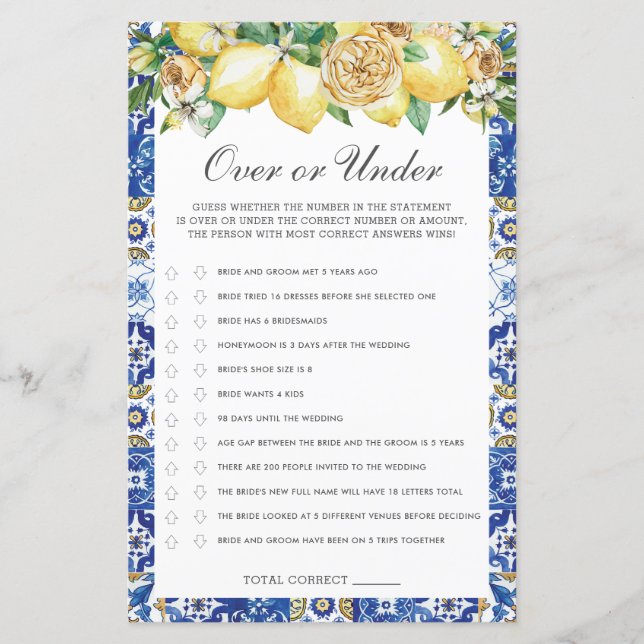Lemons Floral Bridal Shower Over or Under Game (Front)