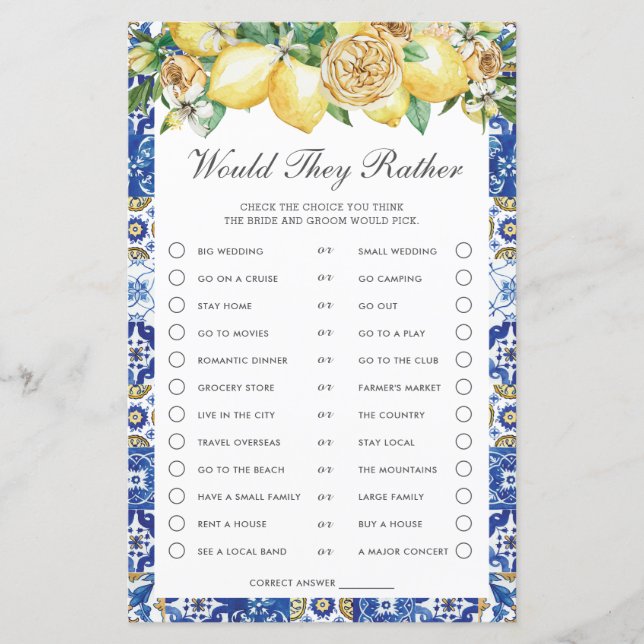 Lemons Floral Bridal Shower Would They Rather Game (Front)