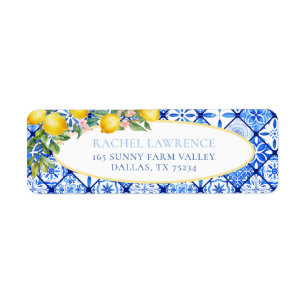 Lemons Floral Italian Blue Tile Return Address Label