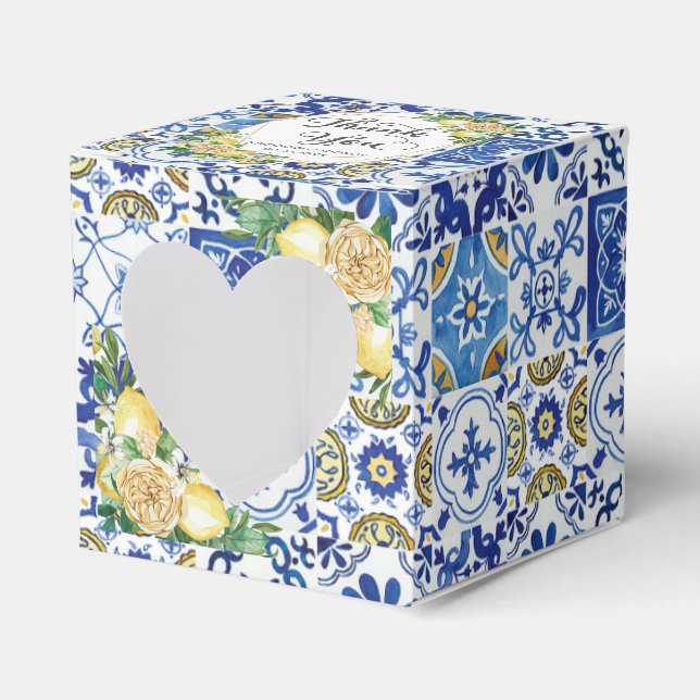 Lemons Floral Meditteranean Mosaic Tiles Wedding  Favor Boxes (Front Side)