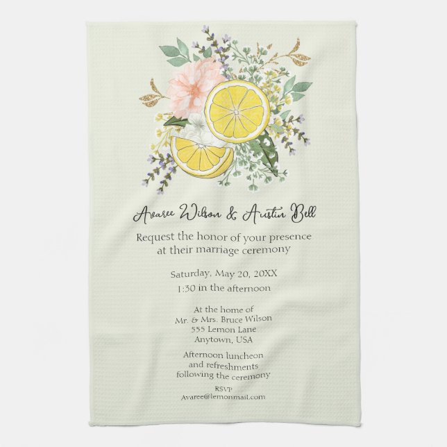Lemons Flowers and Greenery Wedding Invitation Kitchen Towel (Vertical)