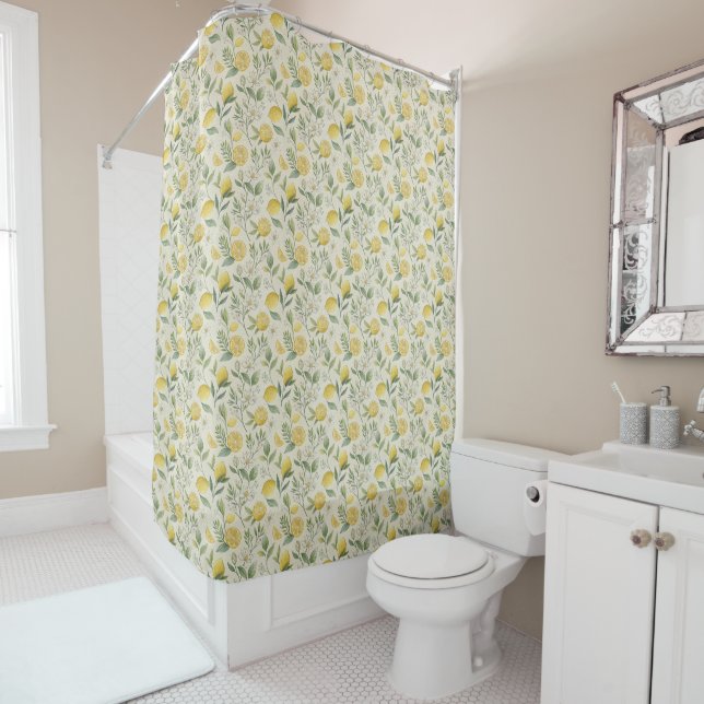Lemons & Flowers Pattern Shower Curtain (In Situ)