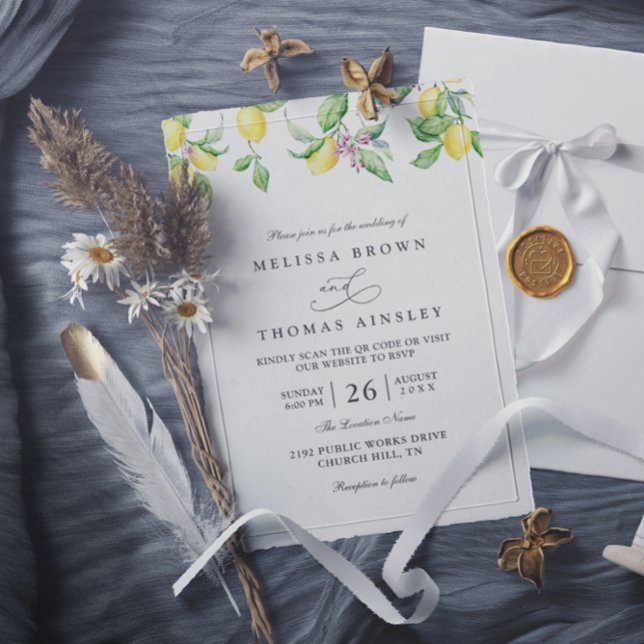 Lemons & Flowers Rustic Elegant QR Code Wedding Invitation (Creator Uploaded)