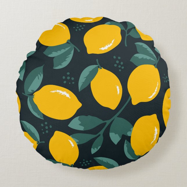 Lemons Flowers, Vintage Summer Texture. Round Pillow (Front)