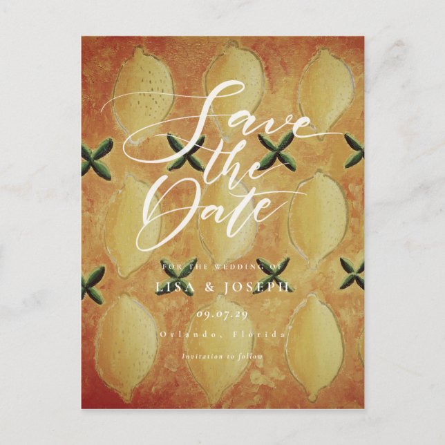Lemons Fruit Country Script Save the Date Announcement Postcard (Front)