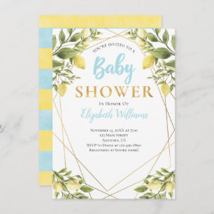 Lemons Geometric Frame Blue Boy Baby Shower Invitation