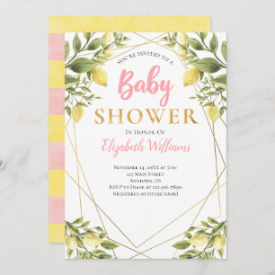 Lemons Geometric Frame Pink Girl Baby Shower Invitation