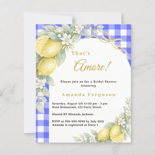 Lemons gingham blue Bridal Shower invitation