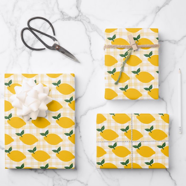 Lemons Gingham Cute CUSTOM Bridal Shower Birthday Wrapping Paper Sheets (Front)