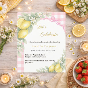 Lemons gingham pink garden tea birthday invitation