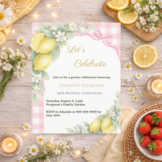 Lemons gingham pink garden tea birthday invitation (Creator Uploaded)