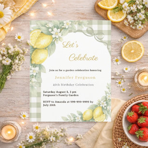 Lemons gingham sage garden tea birthday invitation