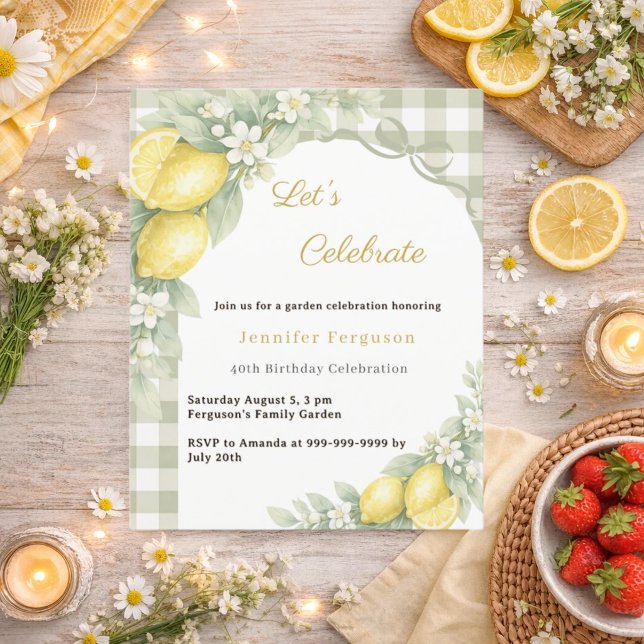 Lemons gingham sage garden tea birthday invitation (Creator Uploaded)