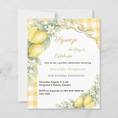 Lemons gingham summer garden birthday invitation
