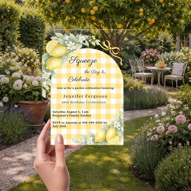Lemons gingham summer garden luxury birthday acrylic invitations (Creator Uploaded)