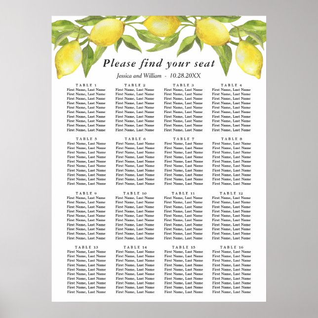 Lemons & Greenery 16 Tables Wedding SEATING CHART (Front)