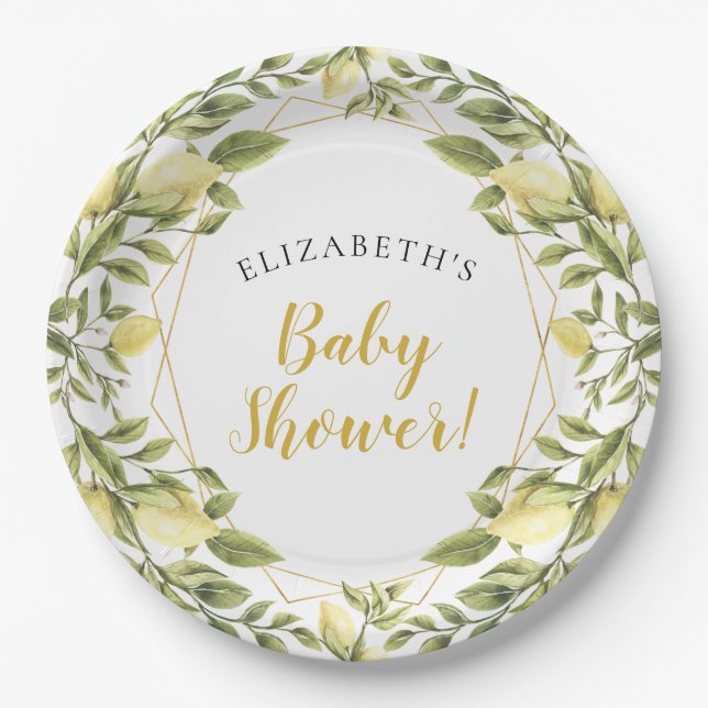 Lemons Greenery Baby Shower Paper Plates (Front)